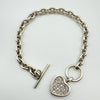 CZ Heart Charm Toggle T-Bar Rolo Bracelet in Sterling Silver 925 Heavy 23g *