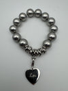 Chunky Grey Pearls & Sweetie Links Heart Charm Bracelet Sterling Silver 925 42g