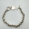 Chunky Rolo Links T - Bar & Heart Charm Bracelet Sterling Silver 925 Heavy 31g