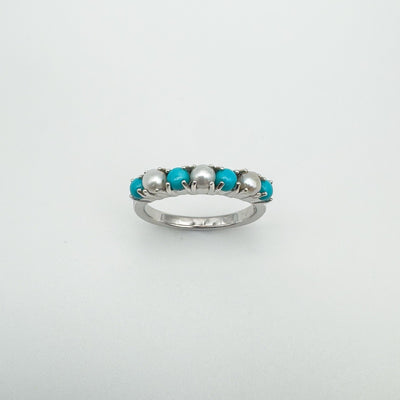 Pearl & Turquoise Half Hoop Band Ring in Sterling Silver Size K - L