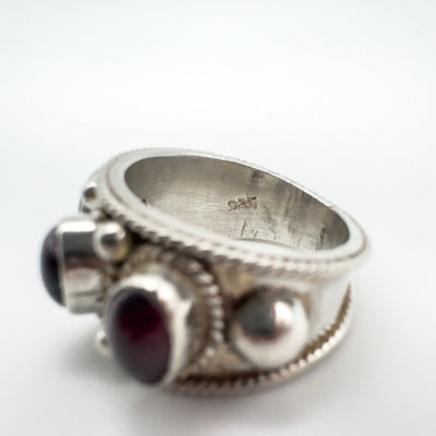 Amethyst and garnet cabochon silver ring hallmark