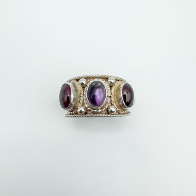 Amethyst and garnet cabochon silver ring front