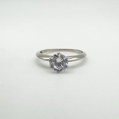 Round cut CZ solitaire ring in sterling silver, 6 claw setting