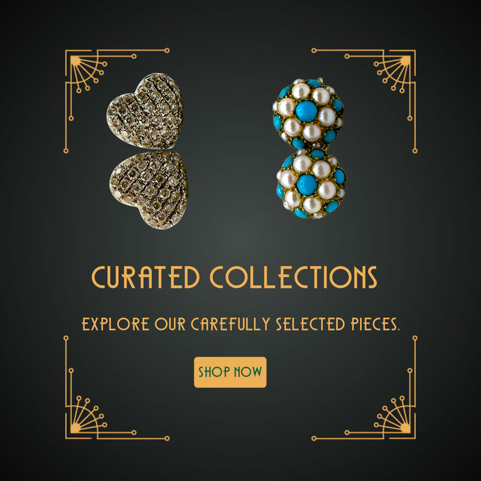 Gold diamond heart earrings and gold turquoise pearl earrings on dark background with art deco corners and Shop Now button