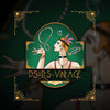 Art deco style Ps Its Vintage logo featuring a woman with vintage jewellery on green background with gold frame corners