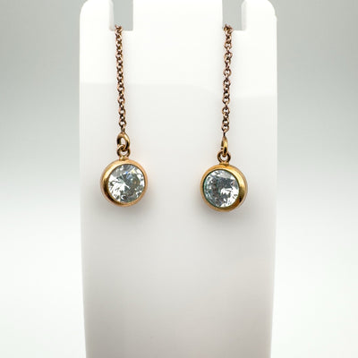 Pair of rose gold plated threader earrings displayed on a white stand