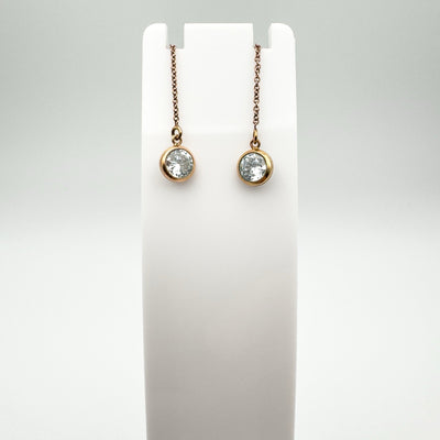 Rose gold threader earrings front-facing on white jewellery holder