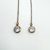 Close-up of rose gold CZ threader earrings on white background