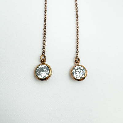 Close-up of rose gold CZ threader earrings on white background