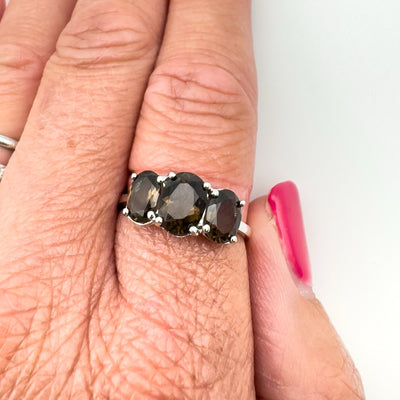 Close-up of Smokey Quartz ring worn on hand