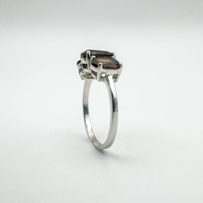Right side view of Smokey Quartz trilogy ring with curved silver band