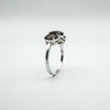 Upright view of ring showing height and structure of Smokey Quartz trilogy design