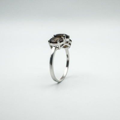 Upright view of ring showing height and structure of Smokey Quartz trilogy design
