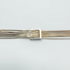 Close-up of square buckle on sterling silver snake chain bracelet