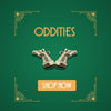 Sterling silver horse head charms on green background with art deco corners and Oddities title above Shop Now button