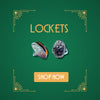 Sterling silver oval lockets with engraved detail on green background with art deco corners and Shop Now button