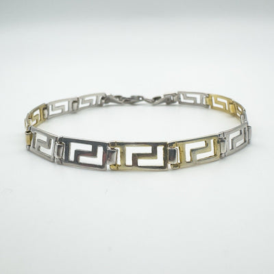 Bi-coloured Greek Key bracelet with gold and silver panels in sterling silver
