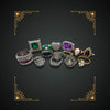 Vintage and antique rings with emerald, amethyst, diamond and pearl on dark background