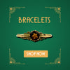 Vintage gold bracelet with smokey quartz gemstone on green background with art deco corners and Shop Now button