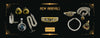 Vintage and antique jewellery with earrings, rings, pendants and chains on black background with New Arrivals text