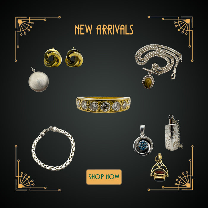 Vintage and antique jewellery with earrings, bracelet, ring and pendants, with New Arrivals and Shop Now text