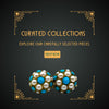 Vintage pearl and turquoise earrings on dark background with art deco corners and Shop Now button