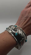 Unusual Chunky Turquoise Leaf Engraved Cuff / Bangle in Sterling Silver 925